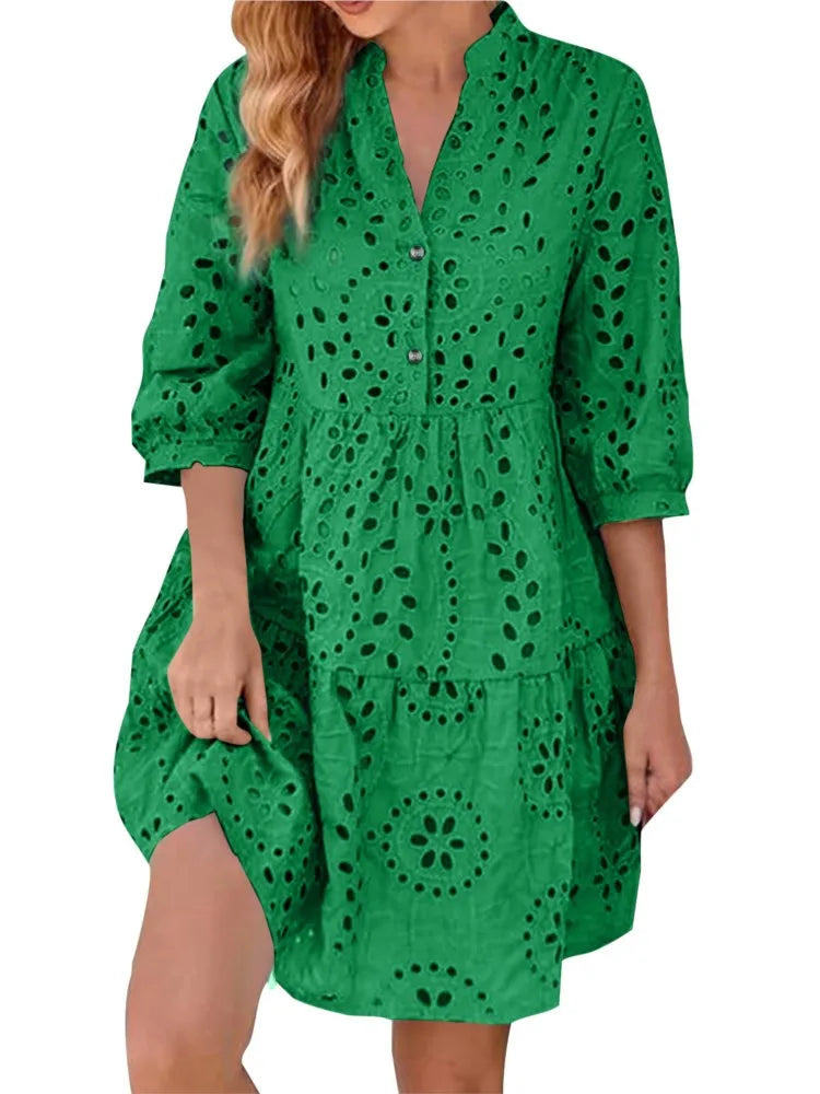 Spring Summer New Solid Color Hollow Out Fashion 7 Point Sleeve Dress Wmen's Casual Loose Simple Elegant Female Holiday Dresses