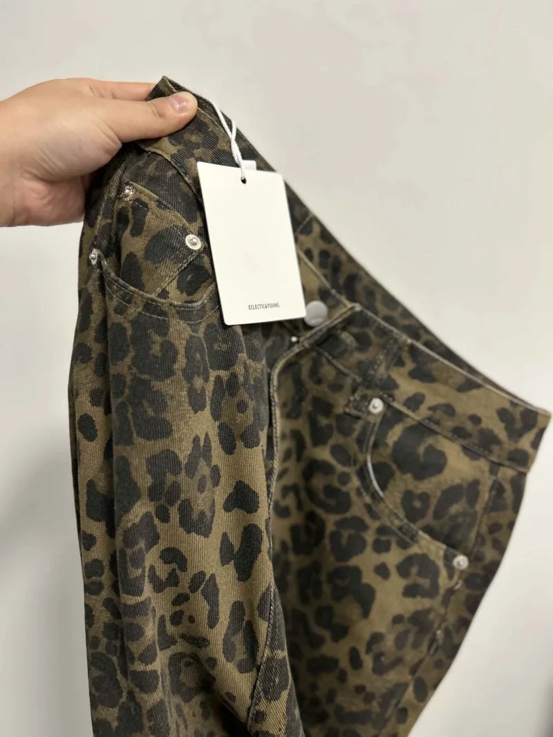 Calça jeans feminina americana retrô com estampa de leopardo, cintura alta, larga, casual, com bolsos, hip-hop, primavera/verão 2000, calça jeans pantera grande