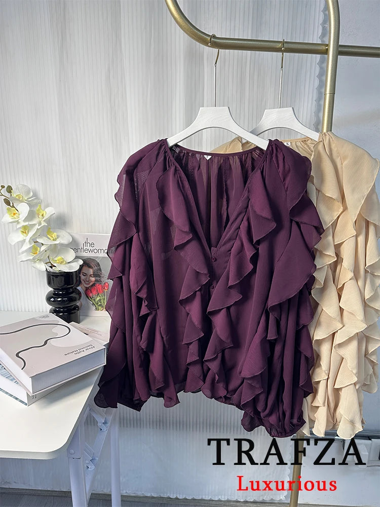 TRAFZA Vintage Chic Solid Women Blouse Tierred V-Neck Long Sleeve Single Breasted Loose Blouse Fashion 2025 Spring Summer Shirts