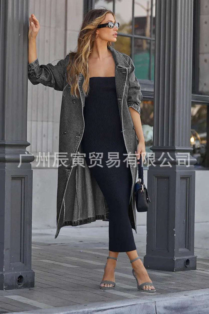 Women's Autumn and Winter New Fashion Denim Cotton Trench Coat Solid Color Double Pocket Long Single-breasted Loose Denim Coat