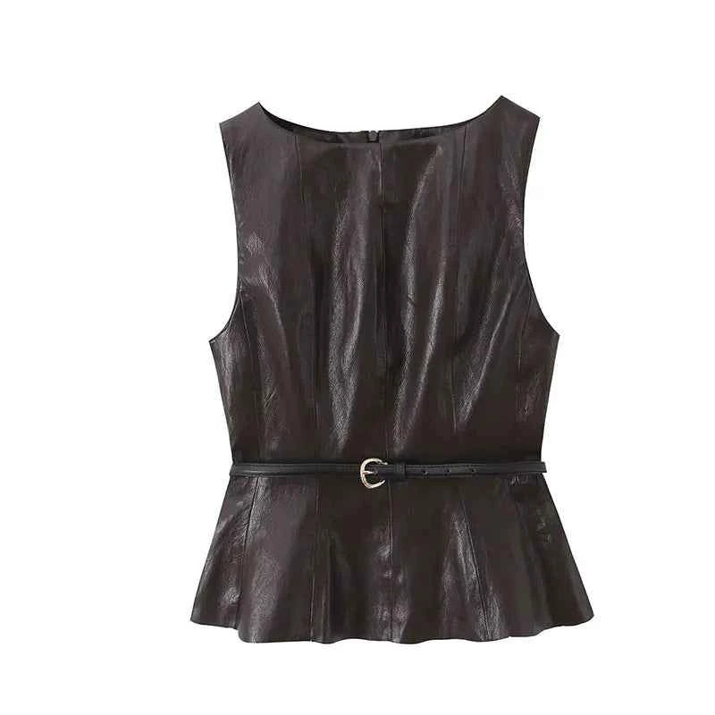 NLZGMSJ Vintage Faux Leather Casual Women Solid Suit O-Neck Zipper Belt Vest Zipper Long Straight Skirt Fashion 2026 Spring Sets