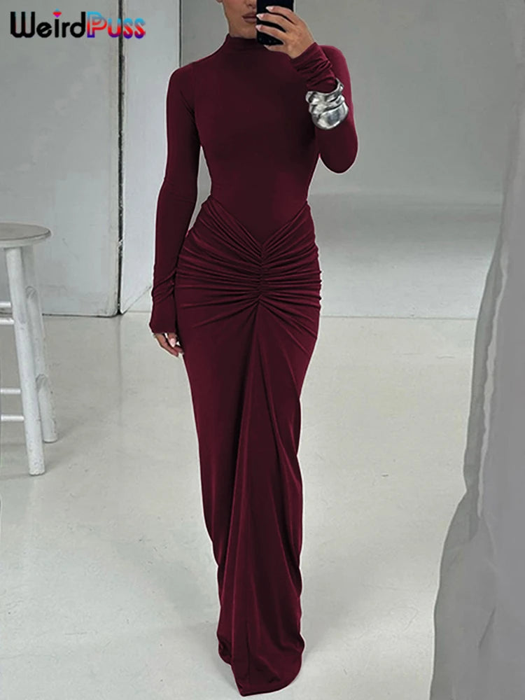 Weird Puss Hipster Ruched Dress Women o-NeckFull Sleeve  Skinny Stretch Robe Autumn Trend Simple Classic Pleats Long Bodycon