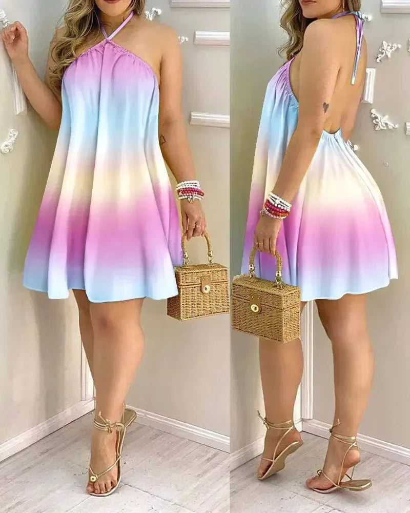 Vestidos Sem Mangas Sem Costas Curto Mini Vestido Solto Halter Neck Estampa Praia Vestido de Verão Floral Vestidos S-3XL