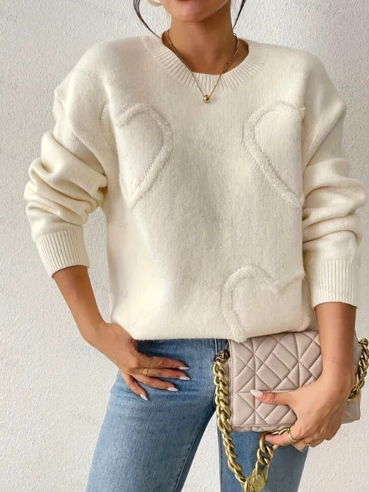 Women's Oversize Knitted Sweater round Neck Heart Patchwork Valentine's Day Theme Autumn Winter Fashion Simple Style Top