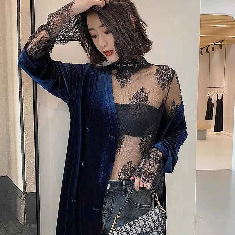 Sexy Lace Base Shirt Women's Mesh Inner Top Half High Collar Knitted Sweater Layerable Floral Lace Trim See through Design