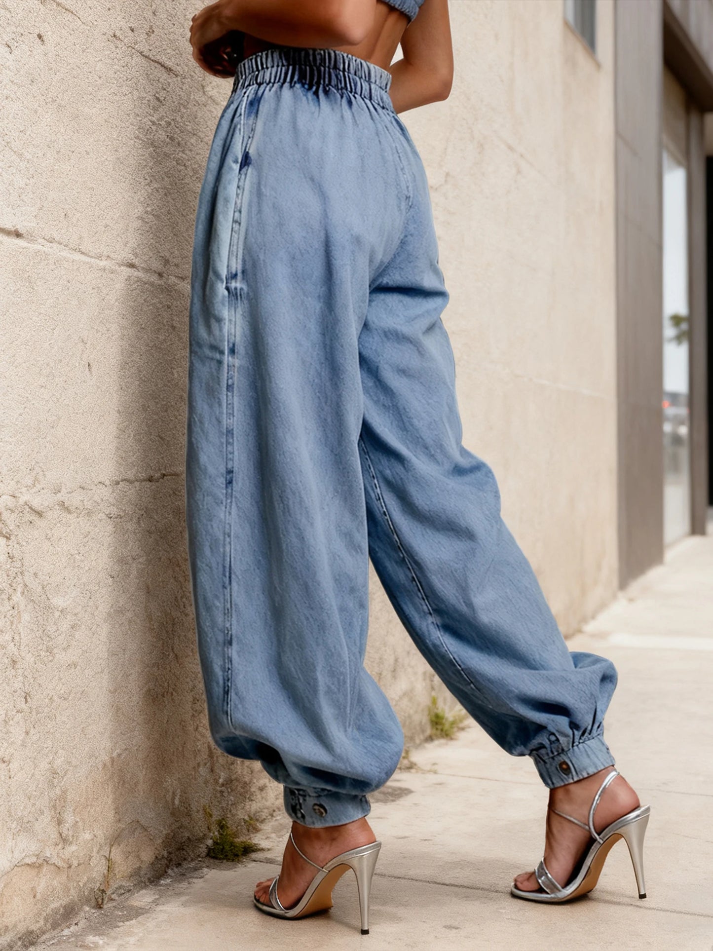 Women Harem Denim Pants Causal High Waist Wide Leg Baggy Solid Color Trousers with Pockets