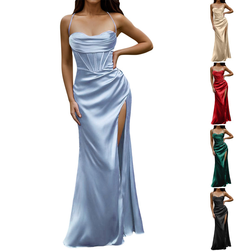 Women Sexy Satin Corset Maxi Dress Silky Strap Push Up Fishbone Ruched Evening Party Long Dresses Chic Elegant A-Line Dress