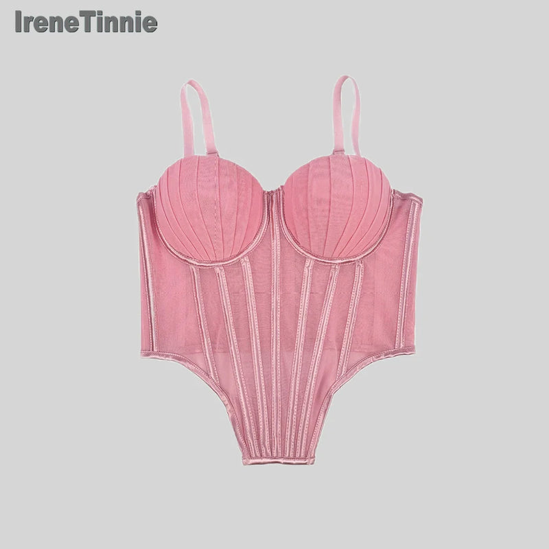 Corpete transparente de malha feminino, faixa espinha de peixe na cintura, corpete bustiê, tops sensuais