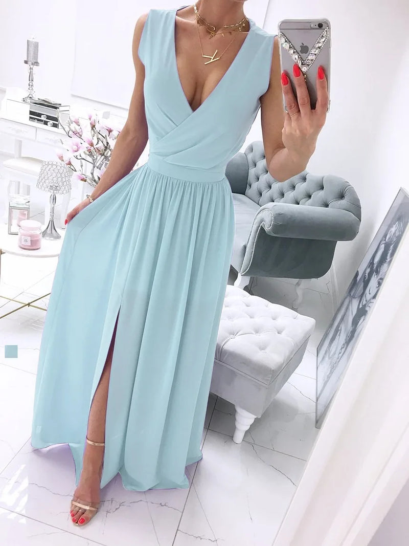 Women's Summer New Sleeveless and Ankle Skirt Solid Color V-neck Front Split Dress Dress