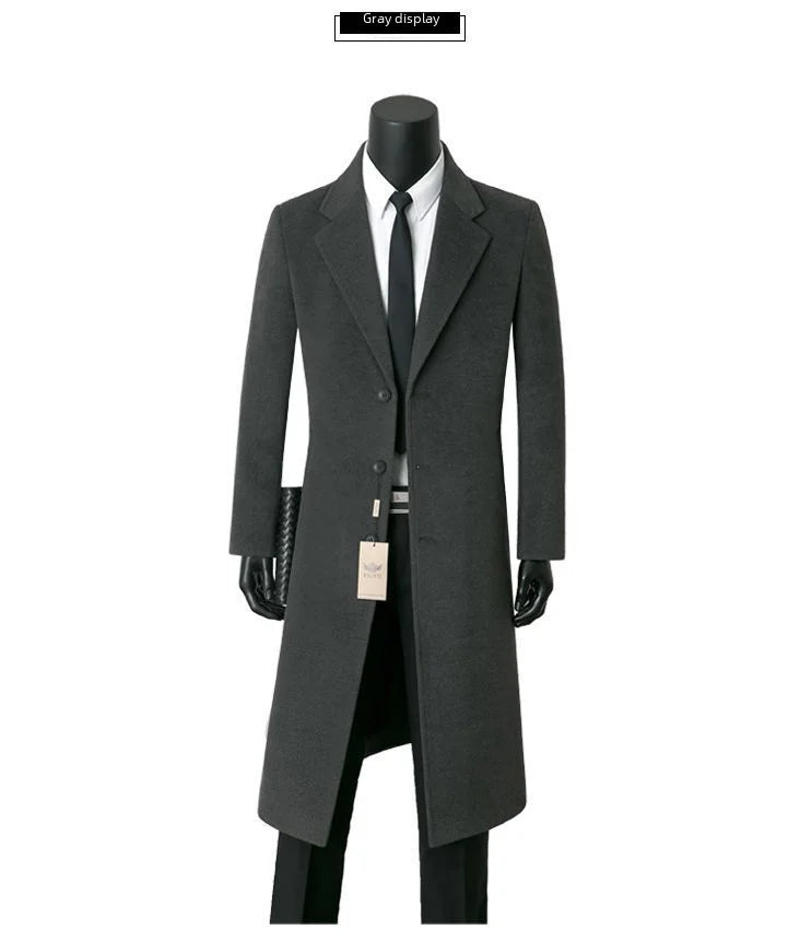 Sobretudo de lã masculino para outono e inverno, comprimento médio, casual, corta-vento quente, jaqueta com gola para pai