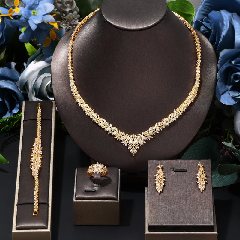 Conjunto de joias de casamento de zircônia cúbica, conjunto de 4 peças para noivas, conjunto de joias femininas, reprodução de marca de joias