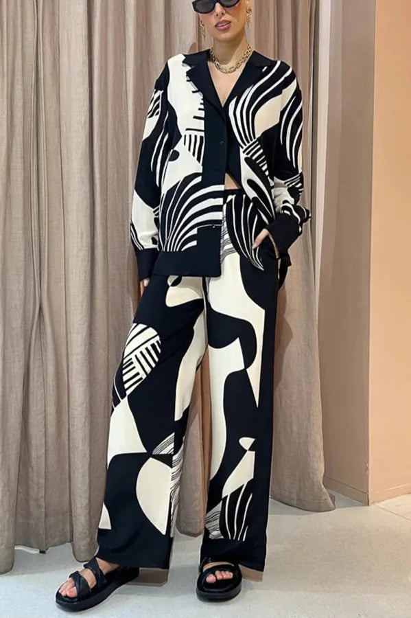 Casual Print Shirt Women 2 Piece Set Elegant Loose Long Sleeve Shirts Wide Leg Pants Female Suit 2024 Summer Fashion Lady Outfit