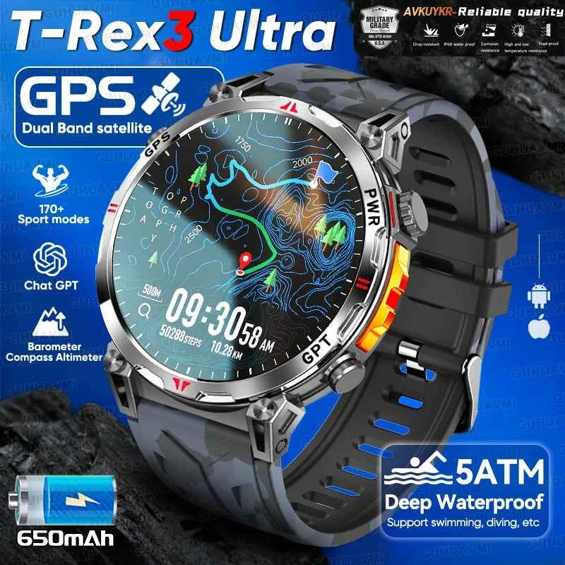 2025New Military T-Rex3 Ultra GPS SmartWatch Built in GPS Compass Altimeter Barometer 5ATM Waterproof 650mAh Sports Bracelet Men