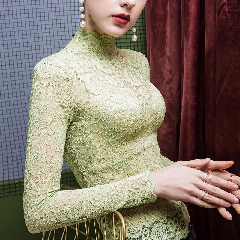 High Collar Lace Long Sleeve Women's Base Shirt Slim Fit Inner Wear Stand Collar Top Trendy Black T-Shirt Commute Style Korea...