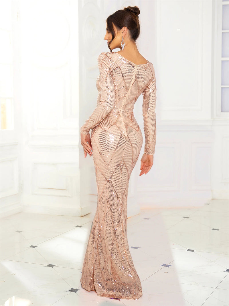 Romagic O Neck Sequin Formal Evening Party Dress Long Sleeves Floor Length Prom Gown Modest Women Celebrity Dresses 2025