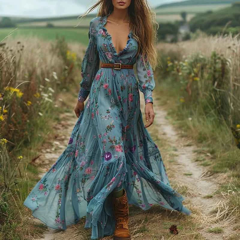 Vestido Feminino Boho Estampado com Decote V e Manga Longa – Cintura Alta Plissada