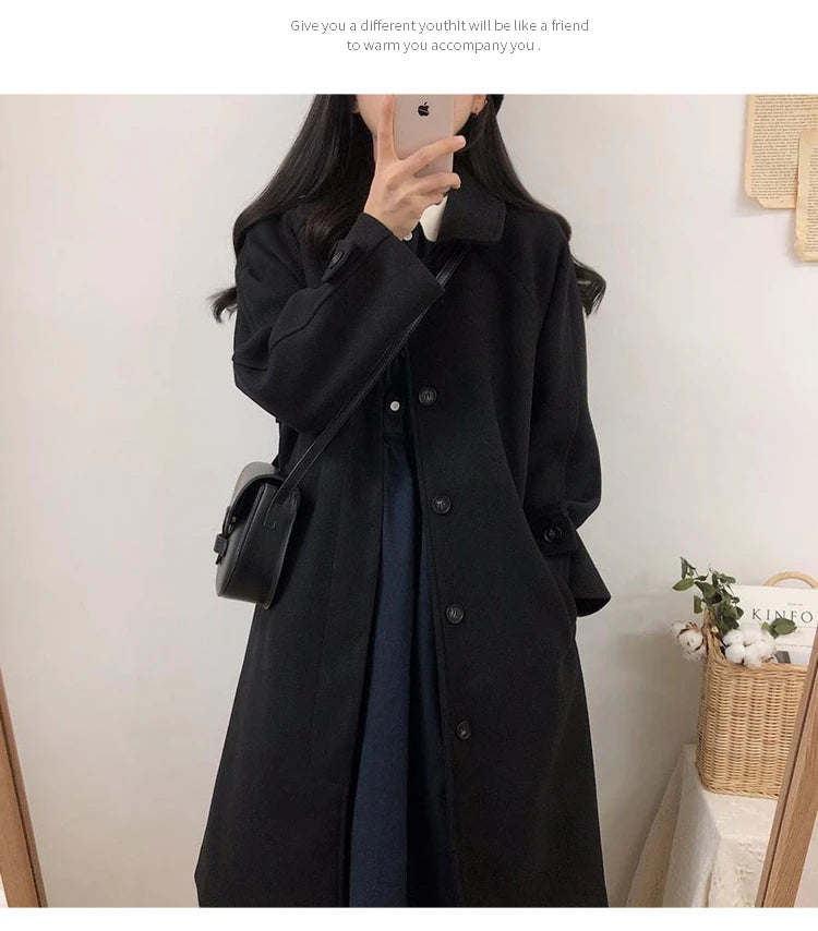 Autumn Winter Korean Style Loose Woolen Coat 2025 Slimming Knee-Length Tweed Women's Mid-Length Elegant Outerwear