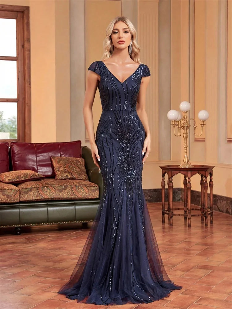 Luxury Cap sleeve V-neck Sequin Formal Evening Dress Women 2025 Elegant Mermaid Party Maxi Prom Arabia Cocktail Graduation Gowns