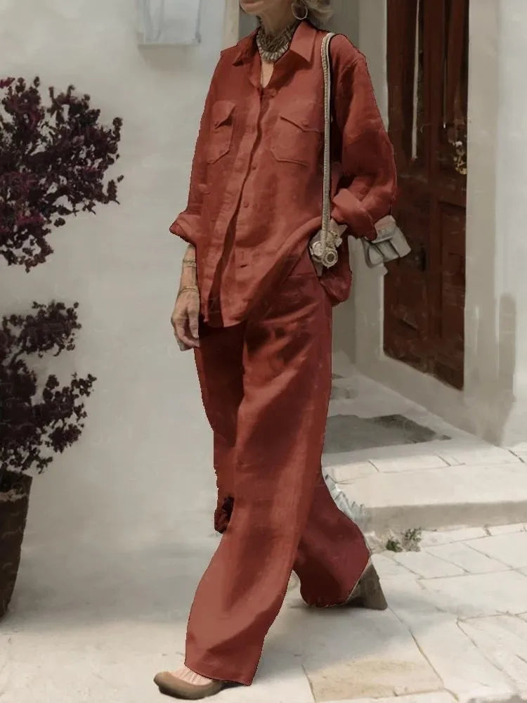 Women Elegant Lapel Neck Long Sleeve Shirt Pants Sets 2PCS Fashion Autumn Outifits Solid Work Trousers Suits Tracksuit