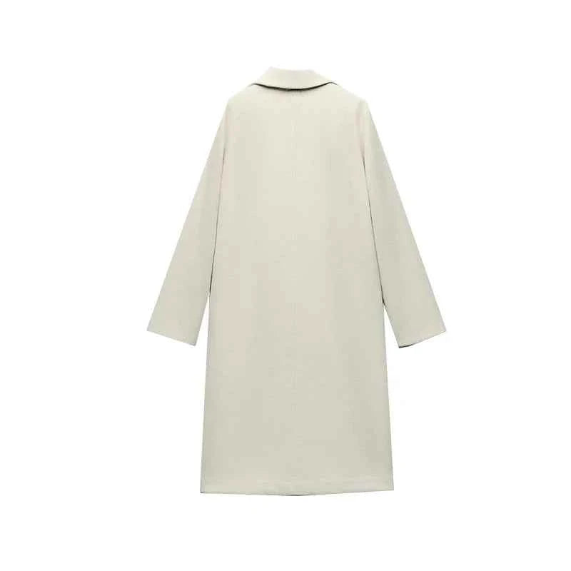 2025 Women Woolen coat Fashion Solid Open Stitch Long Trench Coats Vintage V-Neck Full Sleeves Female Chic Lady Outfits