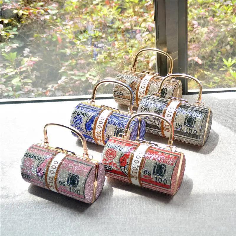 Luxury Money Clutch Rhinestone Purse 10000 Dollars Stack of Cash Evening Handbags Shoulder Wedding Dinner Bag 8 Color Wallet - CRAVO ROSE