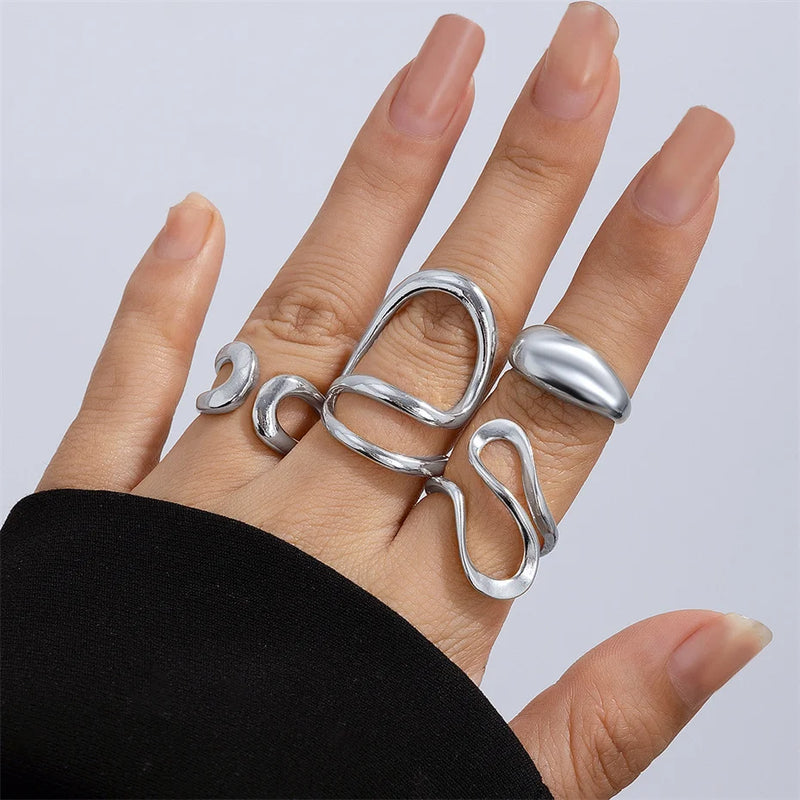 Ingemark 4Pcs Vintage Irregular C Shape Open Ring Set Women Creative Geometric Finger Knuckle Ring Couple Jewelry Accessories
