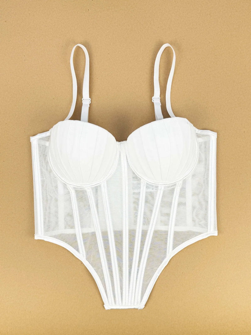 Corpete transparente de malha feminino, faixa espinha de peixe na cintura, corpete bustiê, tops sensuais