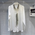 Blusa elegante e chique com losangos emendados lapela, manga comprida, design temperamental, camisa sensual