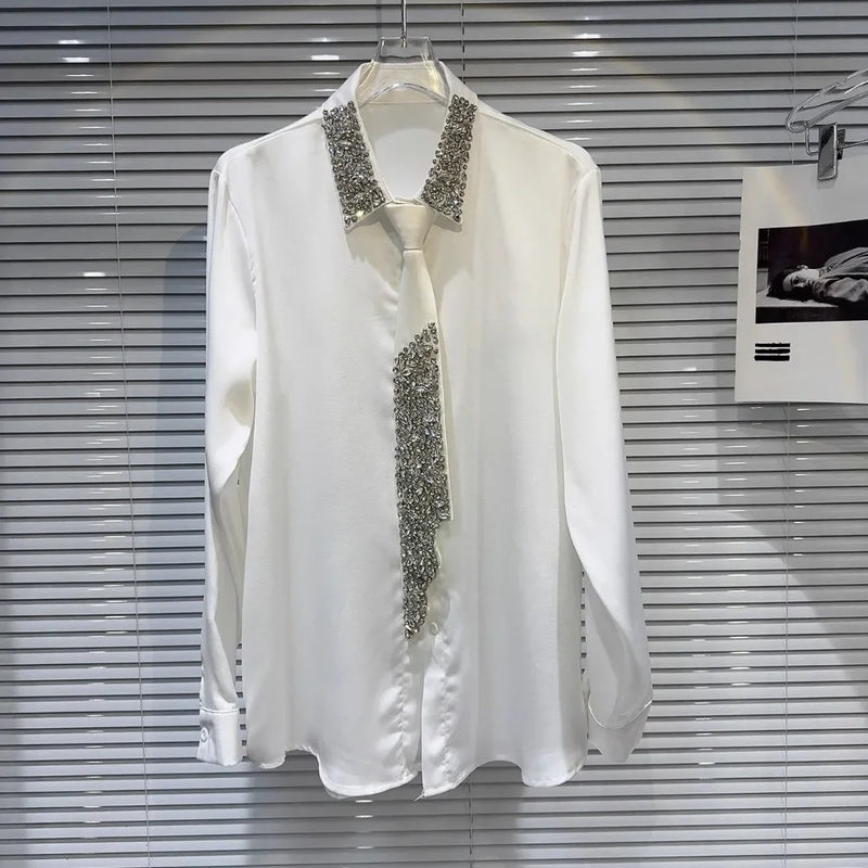 Blusa elegante e chique com losangos emendados lapela, manga comprida, design temperamental, camisa sensual
