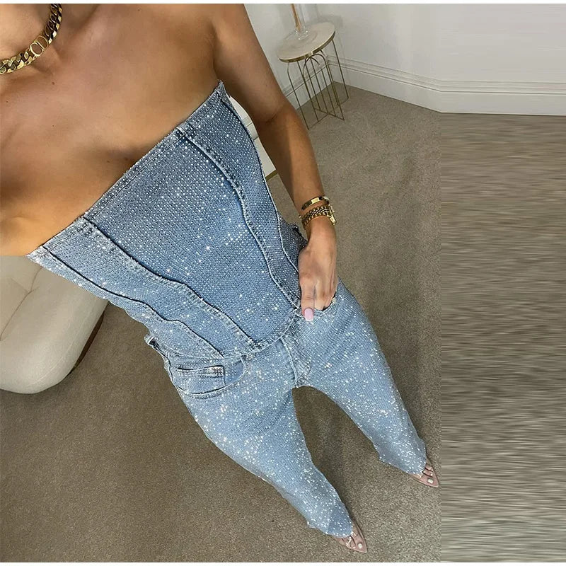 Conjunto jeans feminino com strass brilhantes, espartilho modelador, top curto, jeans slim fit, roupa de festa, boate, estilo cowgirl