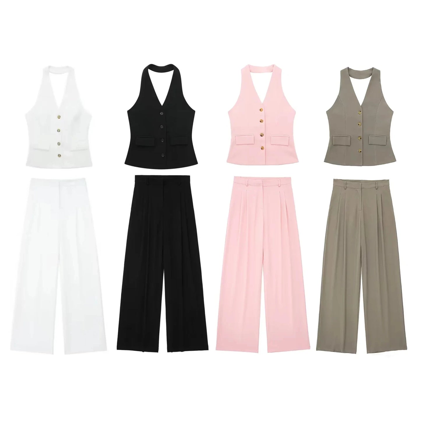 HH Pant Sets For Women Fashion Yellow Backless Button Halter Crop Vest Top Straight Trousers Elegant Office Lady Suit