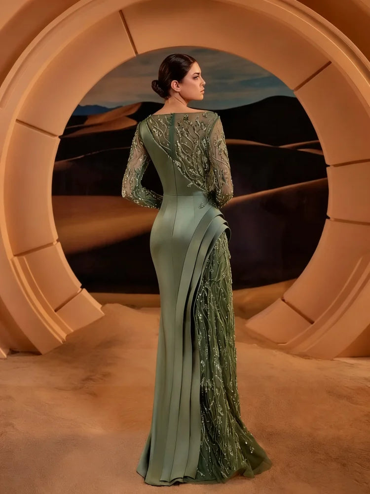 Elegant Olive Green Evening Dress Long Sleeve Sparkling Embroidered Mermaid Ball Dress Special Occasion Party Long Dress Custom