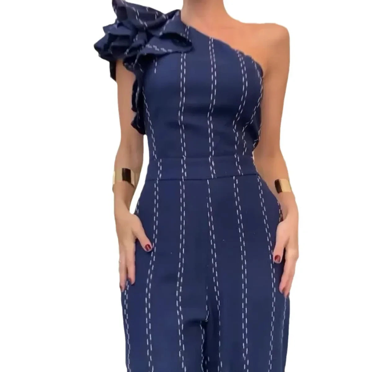 Macacão feminino listrado, gola torta, sem mangas, bolsos, peça única, calças largas, macacão para escritório