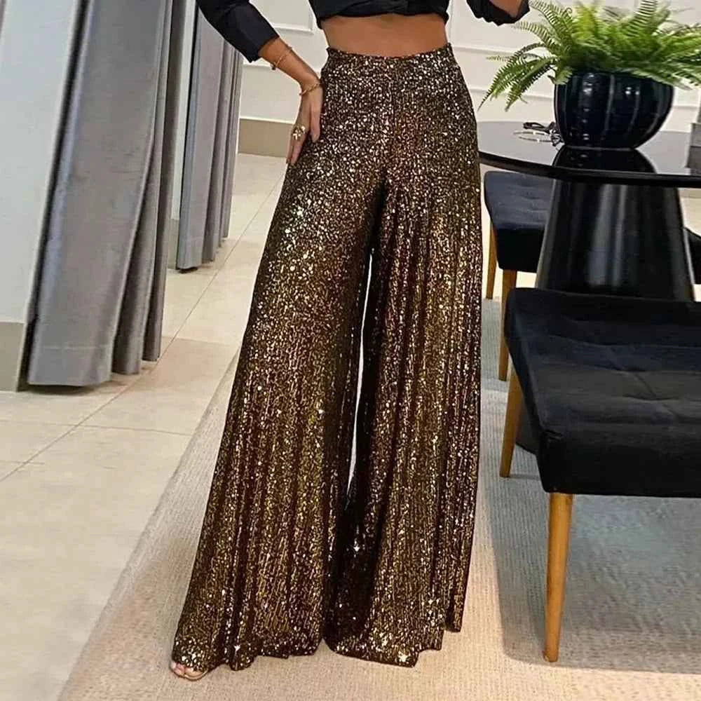 Women's Elegant Golden Thread Wide Leg Pants High Waisted Sparkle Trousers Glamorous Party Clubwear Shiny Evening Fashion Bottom