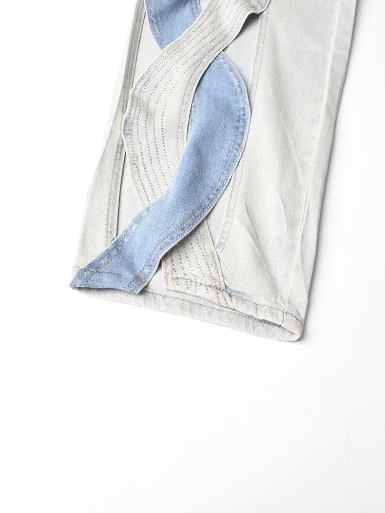 Calça jeans feminina VGH Crisscross Hit Color Streetwear cintura alta patchwork bolsos vazados calças femininas