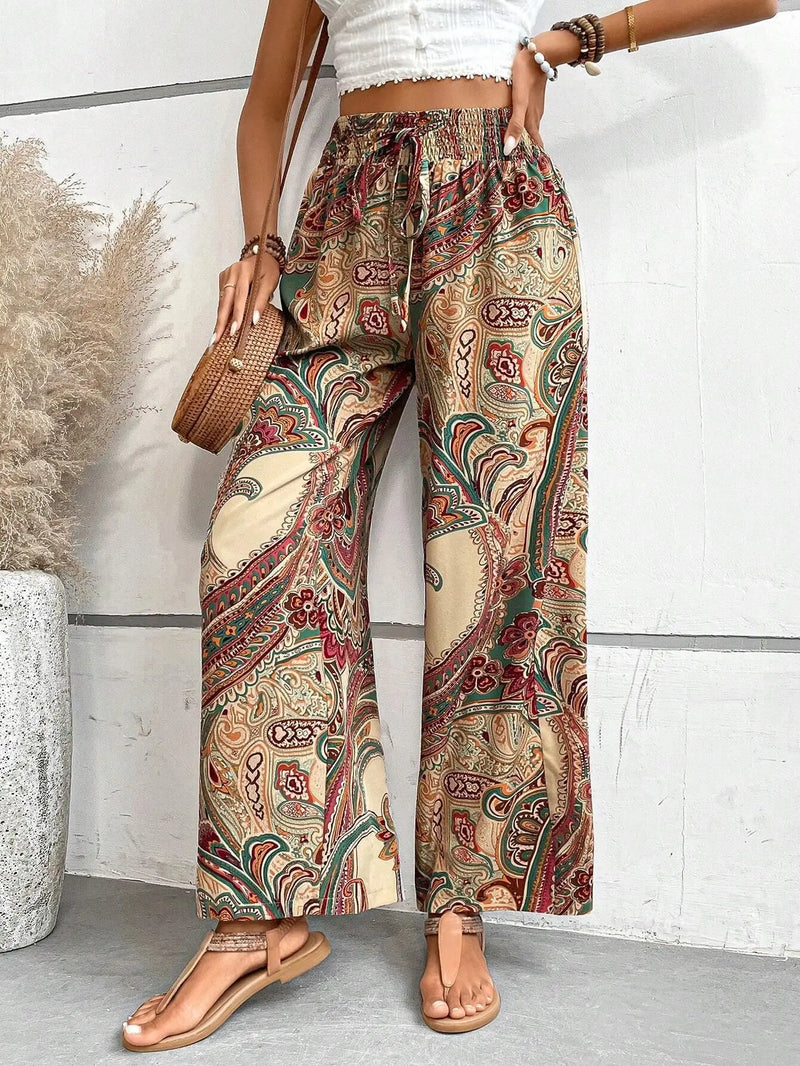 Calças de cintura alta com estampa da moda, pernas largas, primavera-verão, roupas femininas, calças casuais soltas, faixas elásticas, estilo boho, calças de praia