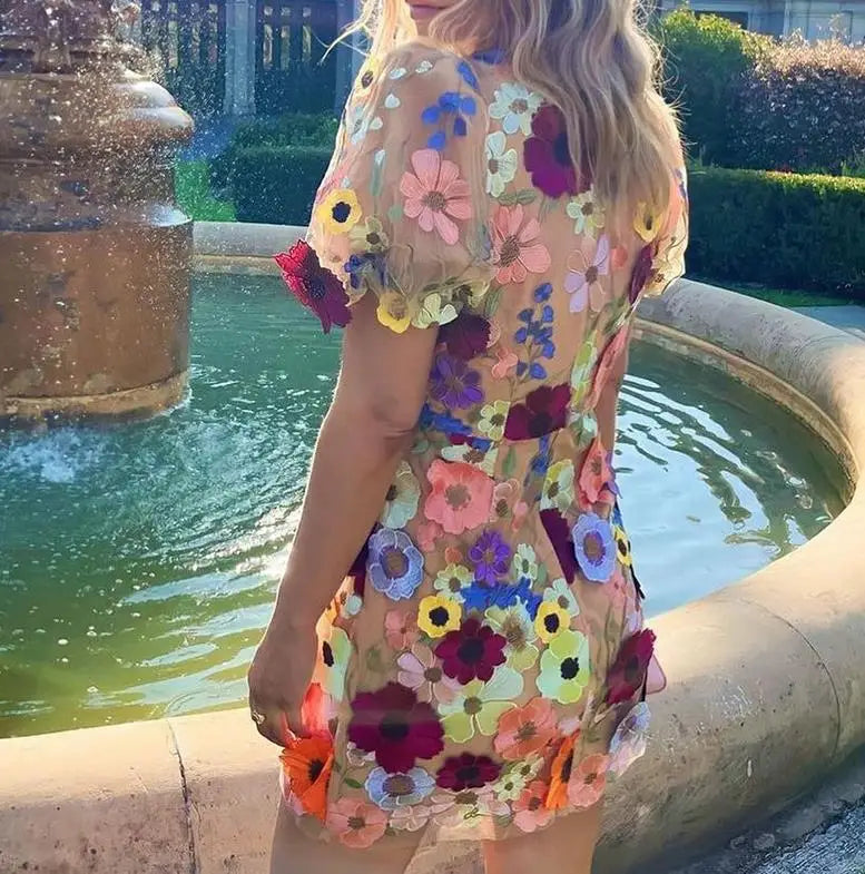 Women's Evening Dress 2024 Spring/summer 3D Flowers Sexy V-Neck 3D Flower Embroidered Wrapped Hip Lantern Sleeve Short Skirt