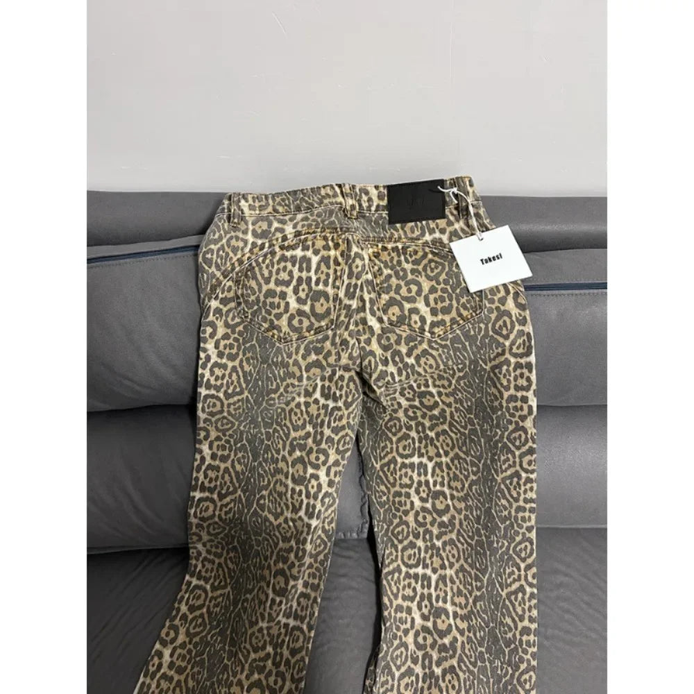 Calça jeans feminina americana retrô com estampa de leopardo, cintura alta, larga, casual, com bolsos, hip-hop, primavera/verão 2000, calça jeans pantera grande
