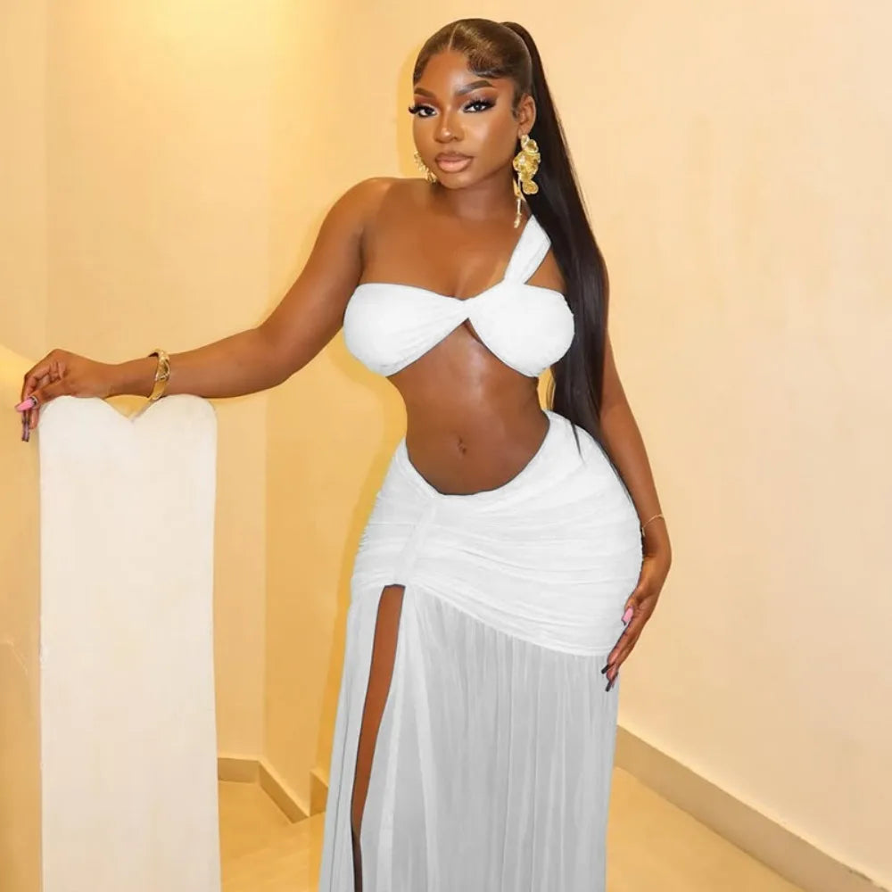 FLARORA Sexy Mesh Ruched 2 Piece Sets Woman Strapless Crop Tops And High Split Long Skirts Suits Elegant Beach Vacation Clothing