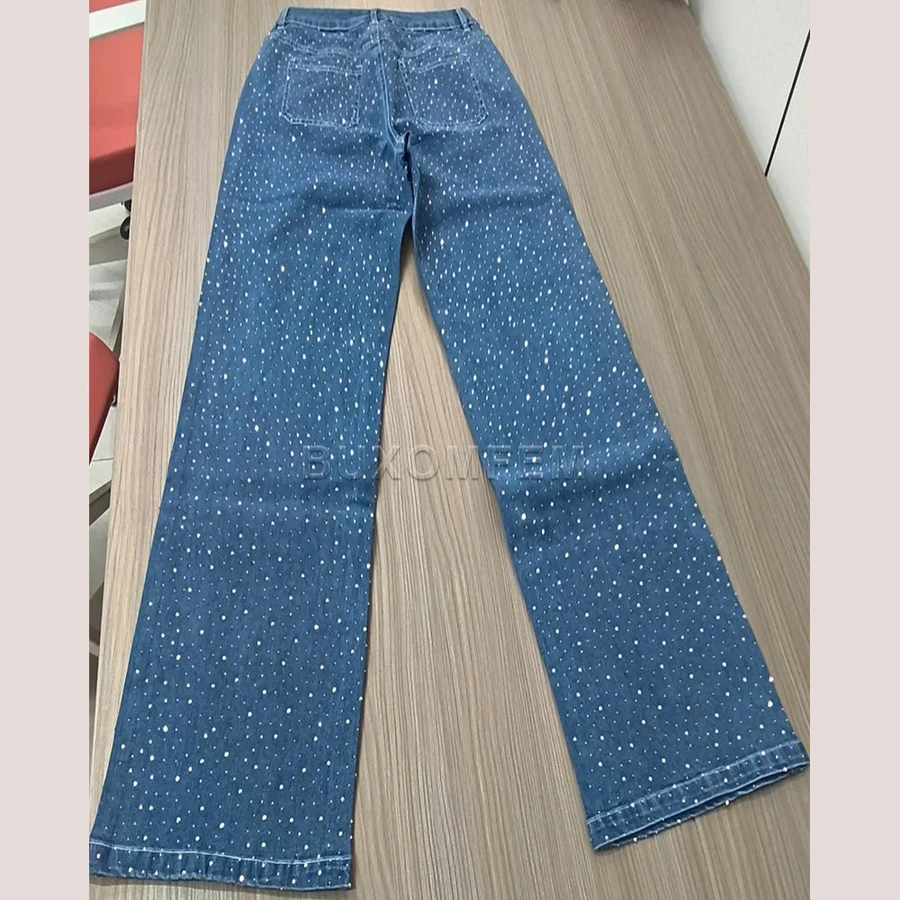 Women's Wide Leg Loose Jeans Drilled Straight Leg Pants 2025 Stylish Baggy Trousers Ladies Fashion Y2K Streetwear Outfit Bottoms