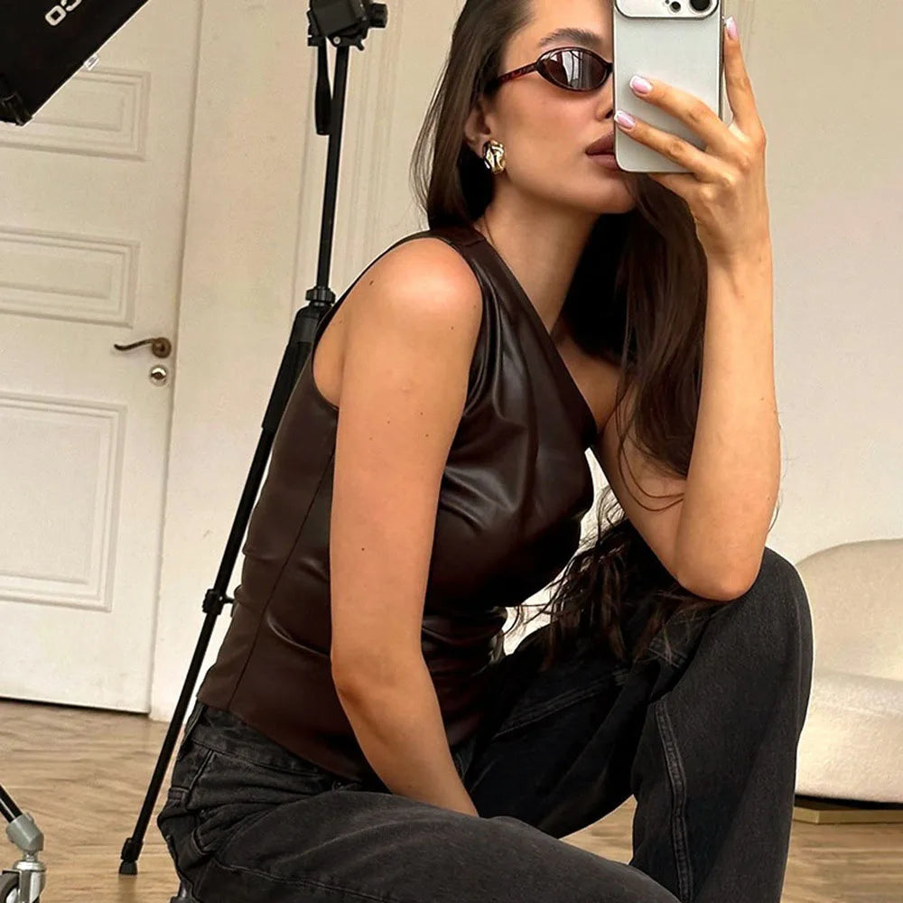 2025 Fall Snd Winter New Pure Color Slim Sleeveless One-Shoulder Slanting Collar Zipper Show Thin Jacket