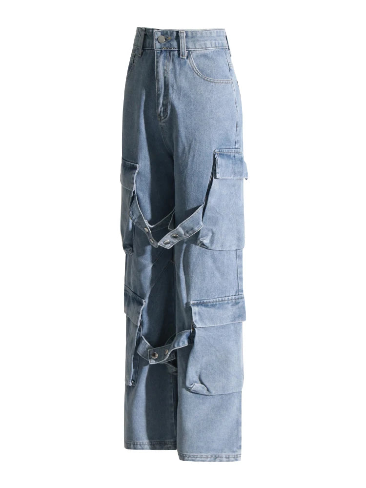 TWOTWINSTYLE Calça jeans feminina folgada com bolsos e patchwork, casual, lisa, cintura alta, botão emendado, streetwear, cargo, jeans feminino