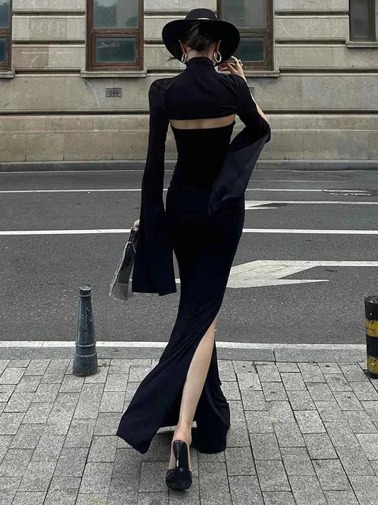 Nibber Fashion Chic 2-Piece Set Women Strapless Split Maxi Dress+Super Short Half-Sleeve Turtleneck Top Matching Elegant Outfits