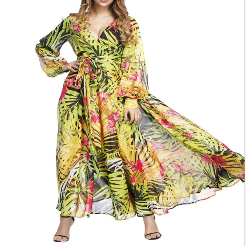 Women's 2024 Autumn New Lantern Sleeves Sexy Deep V Fashion Printed Dress Green Leaf Strap Waist Ankle Long Dress