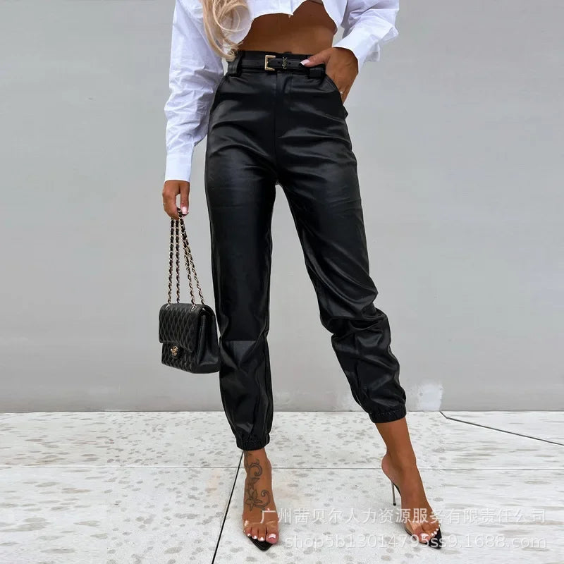 Calça Mandylandy Preta com Amarração no Tornozelo em PU para Mulheres Verão Calça Lápis de Couro Cintura Média Streetwear Preta Casual Bolsos Calça de PU