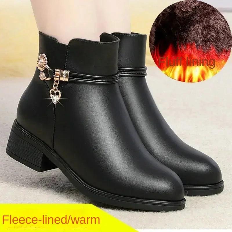 Soft Leather Mother Cotton Shoes Fashion Spring Winter Middle Heel Rhinestone Womens Snow Boots Comfortable Soft Sole Short Boot - CRAVO ROSE