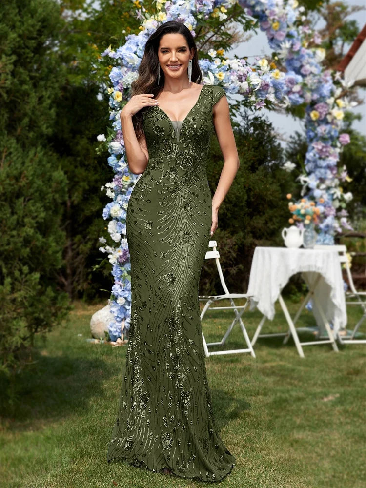 BLUEPLUM New Elegant Green SequinS Evening Dress Women Long Luxury Mermaid Formal Deep V-neck Prom Luxury Wedding Party Gowns
