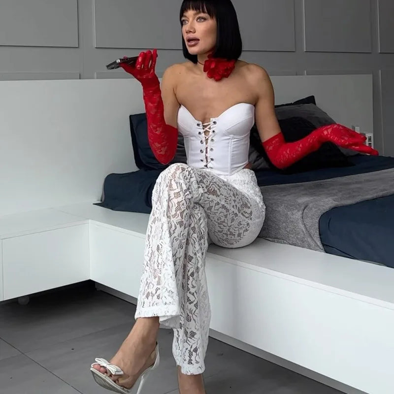 Calça feminina de renda  cintura alta, streetwear, sexy, vazada, feminina, casual, cintura elástica,moletom larga