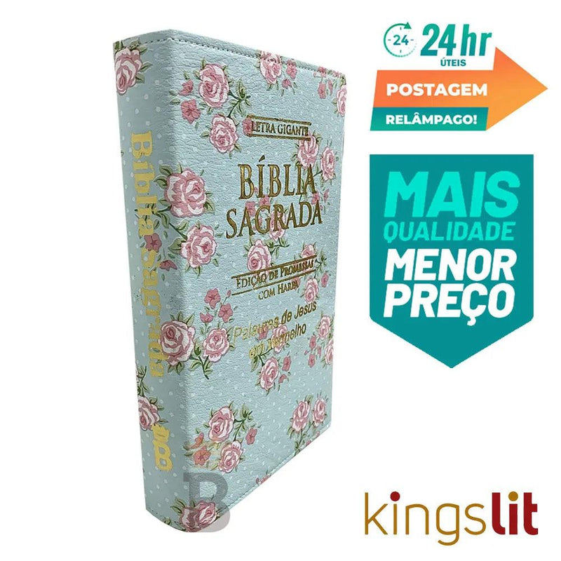 Biblia Sagrada Letra Gigante Luxo Popular - Floral Verde-Com Harpa-Mulher-RC - CRAVO ROSE