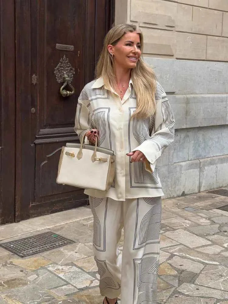 HH 2025 Women Trouser Suit Turn-down Collar Long Sleeve Single-breasted Slim Print Shirt+High Waist Zipper Loose Long Pants